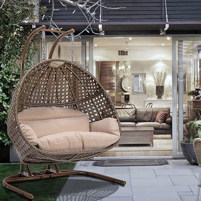 Hanging Egg Chair with Stand 2 Person Heavy Duty Hanging Wicker Rattan Swing Chair Basket Hammock Nest Chair Seat for Indoor Outdoor Patio Lounger Swinging Loveseat (Beige)