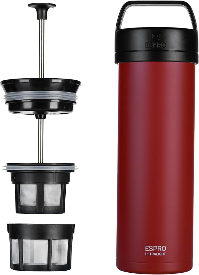 ESPRO Go P0 Ultralight French Press Coffee Maker for Travel Vacuum Insulated Stainless Steel 16 Ounces Cranberry