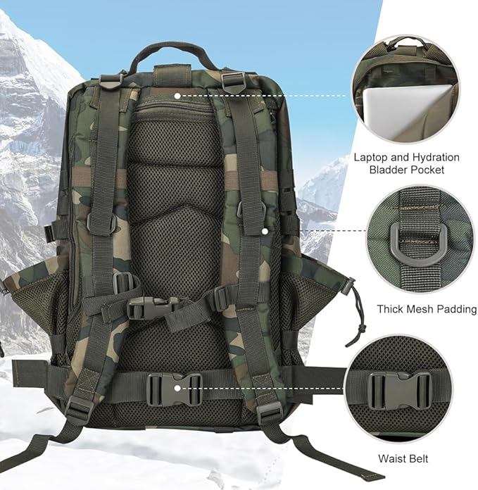 Hannibal Tactical 45L MOLLE Assault Backpack Tactical Backpack Military Army Camping Rucksack with Bottle Holder 3-Day Pack Trip w/USA Flag Patch D-Rings US Woodland