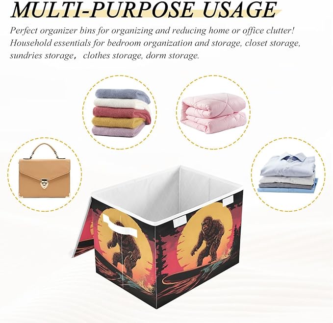 Storage Cube with Lid Surfing Sasquatch Print 16.5×12.6×11.8 IN 1 Pack Collapsible Large Capacity Foldable Storage Basket Bin Organizer