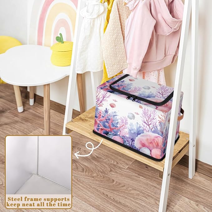 Seashell Coral Storage Box with Lid Ocean Beach Collapsible Storage Bins Baskets Cubes Closet Shelf Clothes Organizer Containers with PU Leather Handles