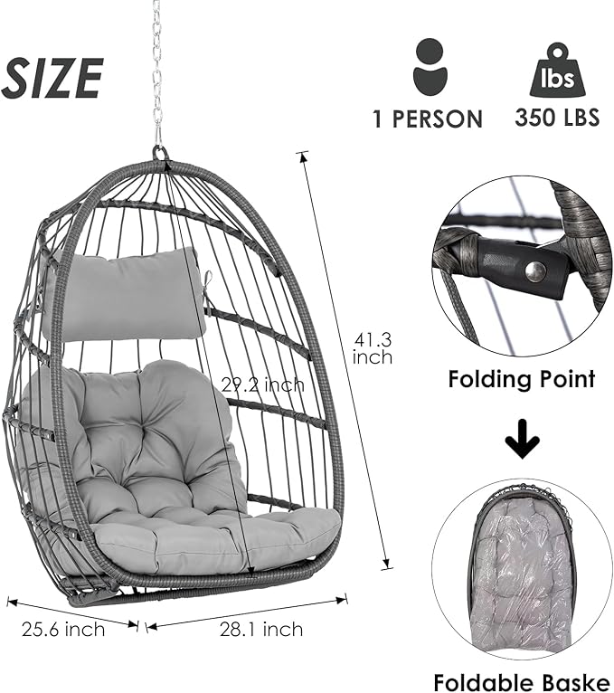 Hanging Egg Chair Without Stand - Foldable Indoor Outdoor Wicker Rattan Swing Egg Chair with Hanging Chain Hammock Chair - UV Resistant Cushions &amp Aluminum Frame for Bedroom Patio Camping (Grey)