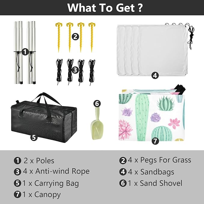 Beach Canopy with Windproof Ropes &amp Sandbags Beach Tent Sun Shade Sun Shelter for Camping Trips Fishing Backyard Fun or Picnics Cactus