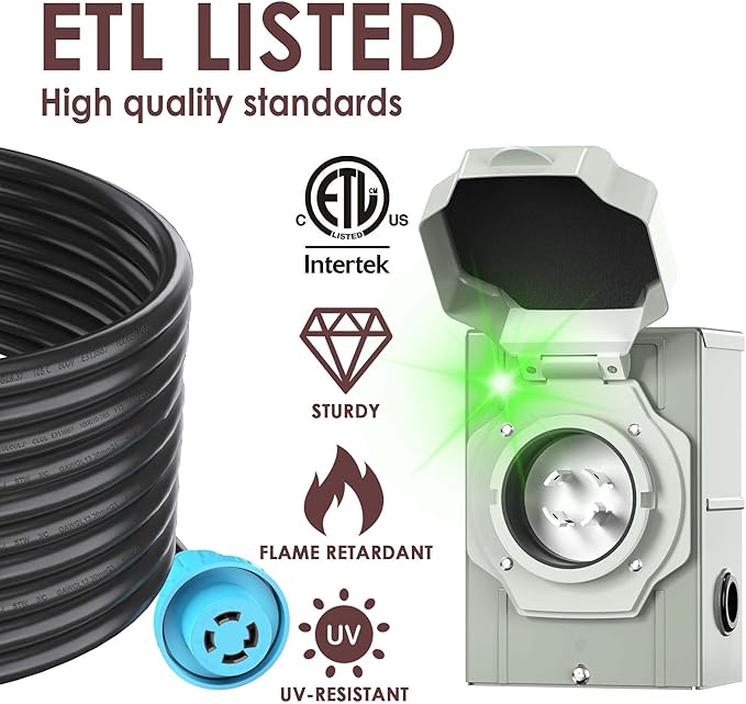 CircleCord 4 Prong 25 Feet 30 Amp Generator Extension Cord and Inlet Box with Locking Connector Heavy Duty NEMA L14-30P/L14-30R 125/250V 7500W 10 Gauge SJTW Generator to House Power Cord