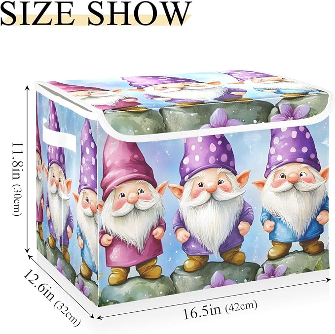 Cartoon Gnomes Storage Cube Bins Basket with Lid Collapsible Flip-top Fabric with Handle for Home Bedroom Closet Office 16.5×12.6×11.8 in