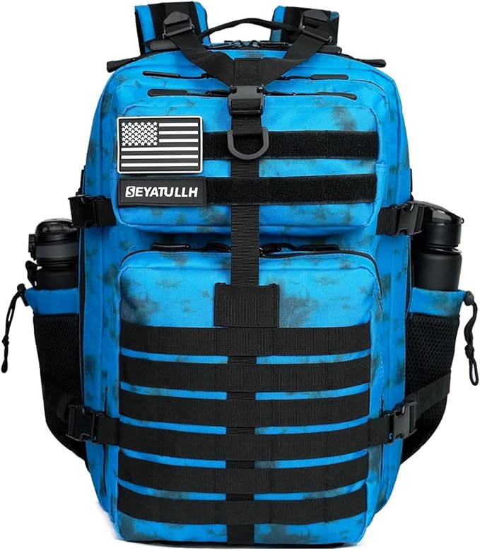 45L Military Tactical Backpack for Men &amp Women Bug Out Bag Assault pack Molle Daypack Hiking Trekking Rucksack (2.0 side pockets （blue tie dye）)