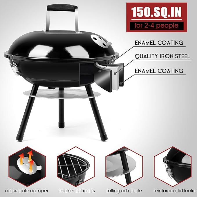 HaSteeL 14 Inch Charcoal Grill Small Black Enamel Outdoor BBQ Grill Mini Flat Top Kettle Barbecue Grill with Screwdriver Portable for Backyard Garden Camping Cooking Smoking Dual Venting System