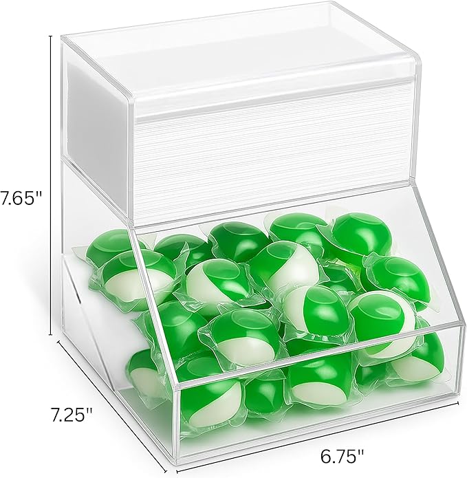 2-Compartment Acrylic Storage Container Laundry Pods and Dryer Sheet Dispenser Clear Dishwasher Pod Holder with Lid