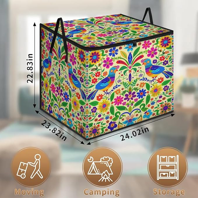 XL Large Clothes Storage with Lid Handle Mexican Large Thick Clothes Blanket Storage Containers for Organizing Bedroom Closet Comforter Organization Storage Mexico Style Floral Bird