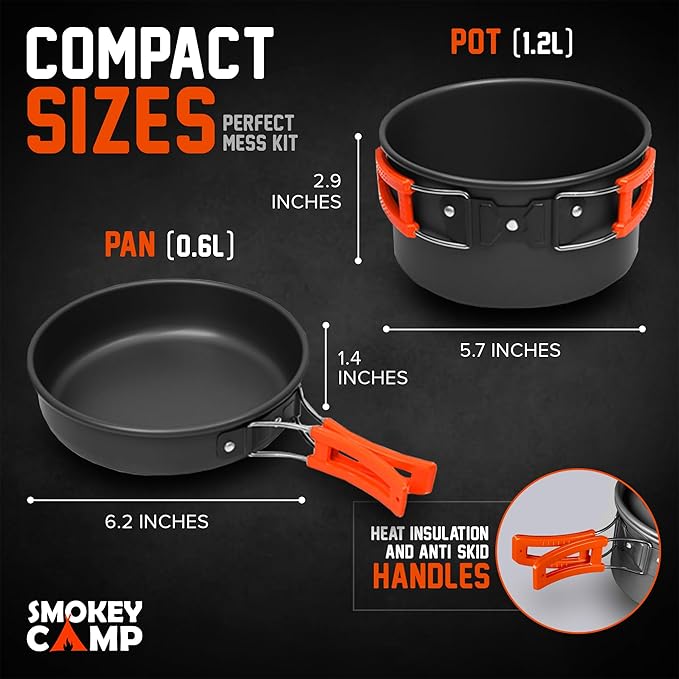 Smokey Camp Camping Cookware Mess Kit Set with Stove - Backpacking Camping Pots and Pans Set All in One Non-Stick Camping Cooking Set Portable Stove Hiking Picnic Outdoor &amp Camping Cookware S