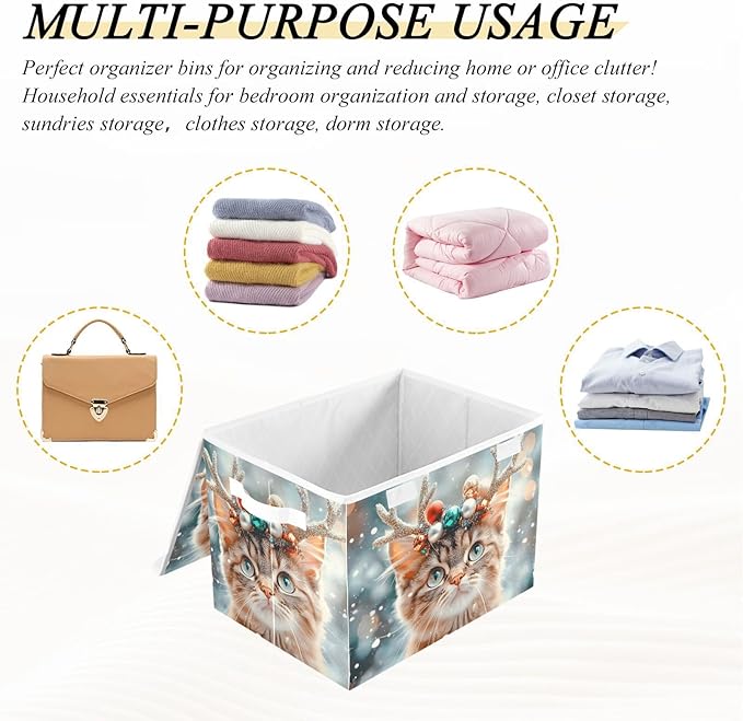 AIXIWAWA Lidded Storage Cube (Cat Christmas) Fabric Foldable Closet Bins with Flip Lid and Handles Organizer Basket Container 16.5 x 12.6 x 11.8 IN