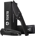 TEKTO F3 Charlie Button Lock Folding Knife Oversized Fine Edge Blade - Easy Open Pocket Knife with Titanium Coated D2 Steel &amp Black Titanium Barrel Spacers