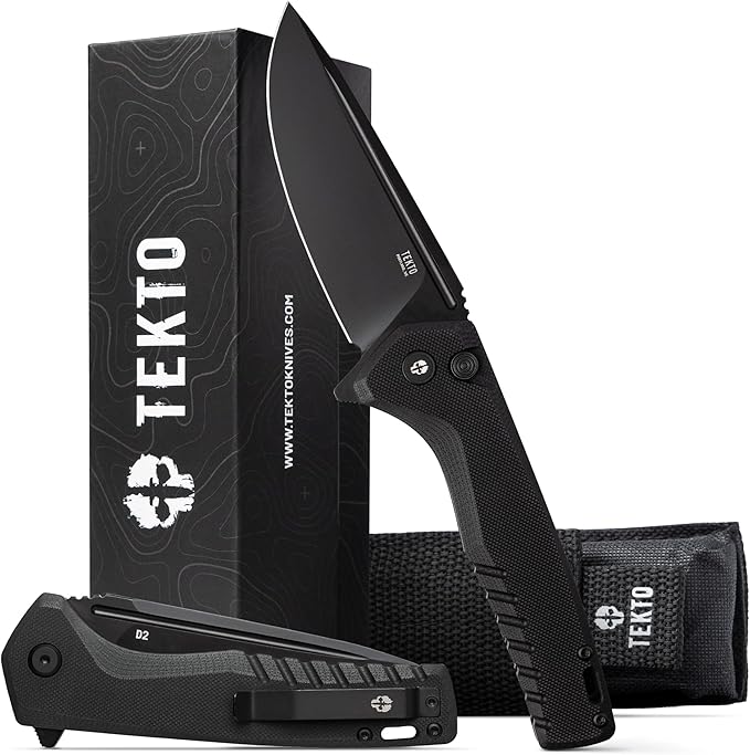 TEKTO F3 Charlie Button Lock Folding Knife Oversized Fine Edge Blade - Easy Open Pocket Knife with Titanium Coated D2 Steel &amp Black Titanium Barrel Spacers