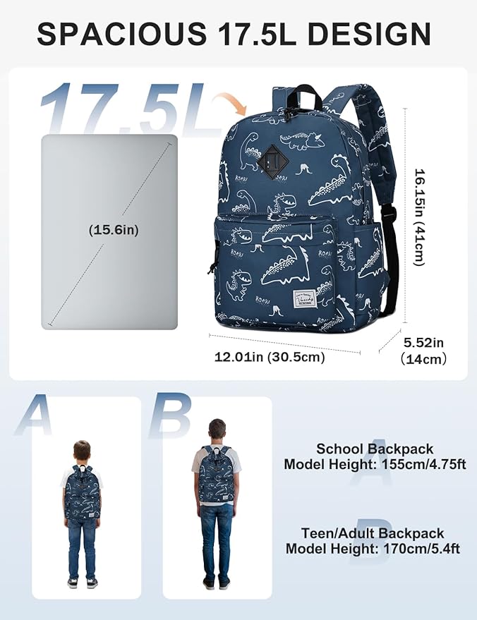 VASCHY Backpack for School Lightweight Water Resistant Bookbag Casual Daypack for Man/Boys Dinosaurs
