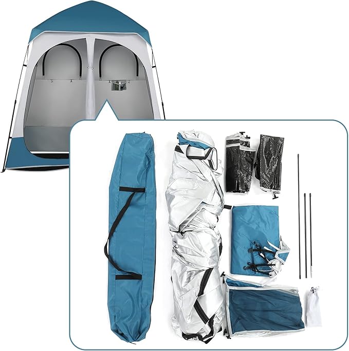 2 Room Shower Tent 7.5ft Changing Tent w/Mesh Pocket &amp Clothesline Large Instant Pop Up Privacy Tent Easy Set Up Camping Essentials Portable Shelter for Toilet Fishing Dressing Blue &amp