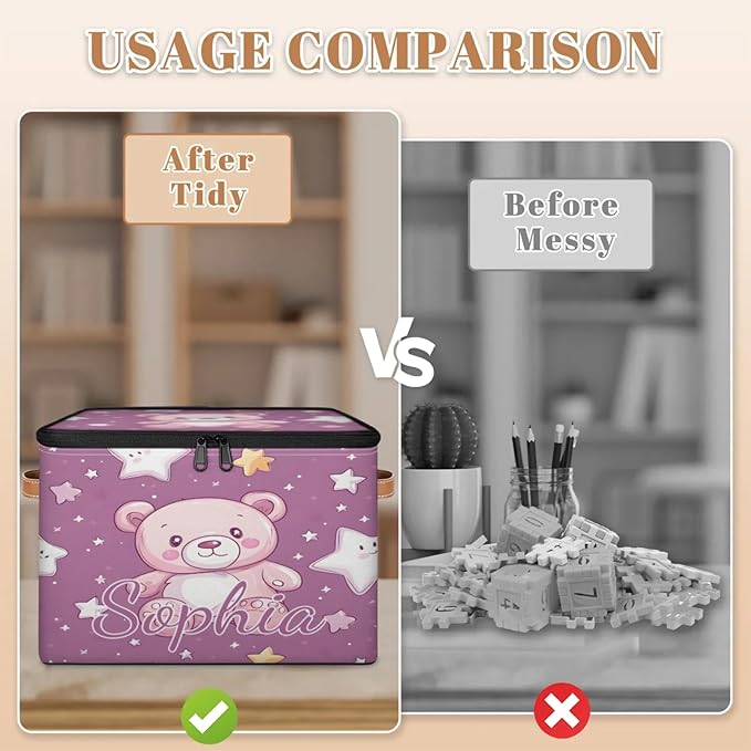 Custom Storage Basket with Name Personalized Storage Bins with Zipper Lid Foldable Fabric Storage Box Large capacity with Handle Star Pink Bear