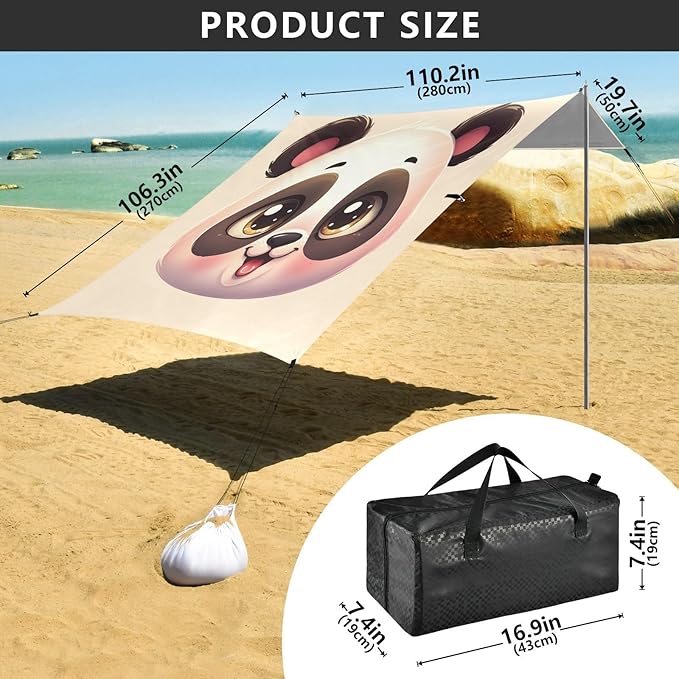 xigua Panda Beach Tent Sun Shelter with Carrying Bag - Silver Coated Oxford Fabric Beach Canopy for Beach Camping Fishing - Includes Windproof Ropes Sandbags &amp Stakes