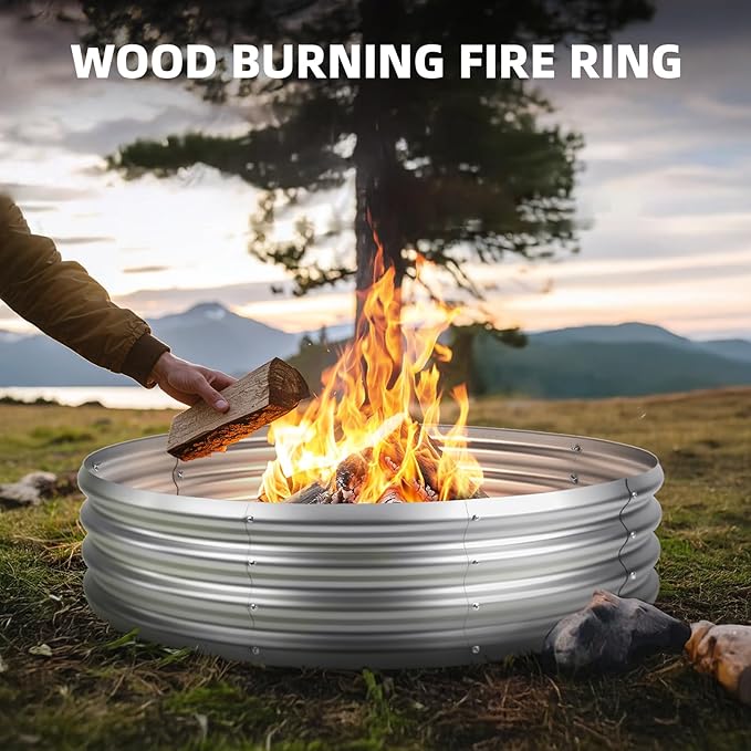 60 Inch Fire Pit Ring for Outside 5FT Diameter Wood Burning Fire Ring Large Round Galvanized Steel Fire Pit Metal Outdoor Fireplace for Backyard Patio Camping Bonfire (Silver)