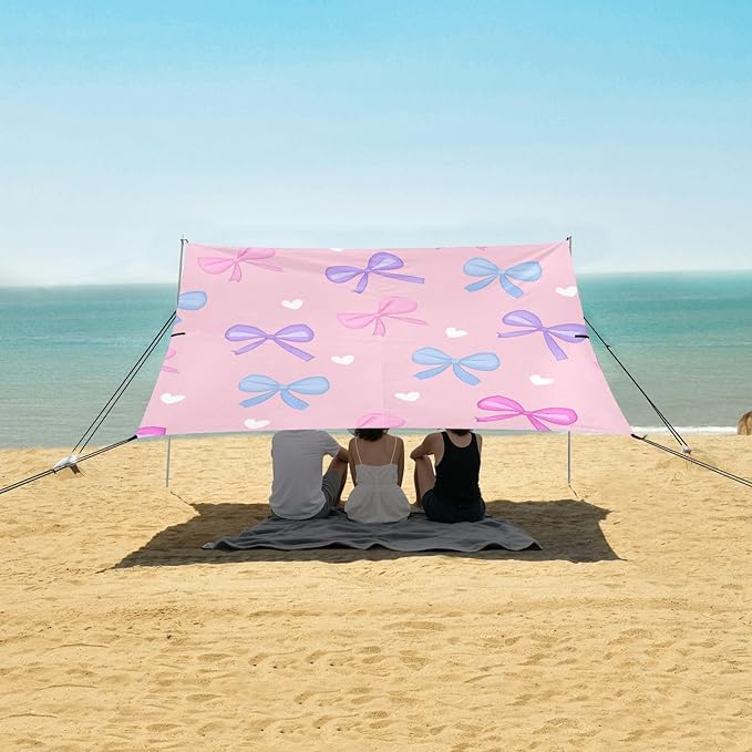 ALAZA Pink Purple and Blue Bow Heart Beach Tent Sun Shelter Portable Canopy Sunshade for Outdoor Camping Picnics Backyard Fun 10x9 ft