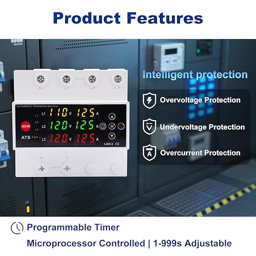 Automatic Generator Transfer Switch 125A 120V 3 Pole Transfer Switch for Generator Backup Power &amp RVs LED Display Priority Phase Selectable Over/Under Voltage Protection DIN Rail Mount