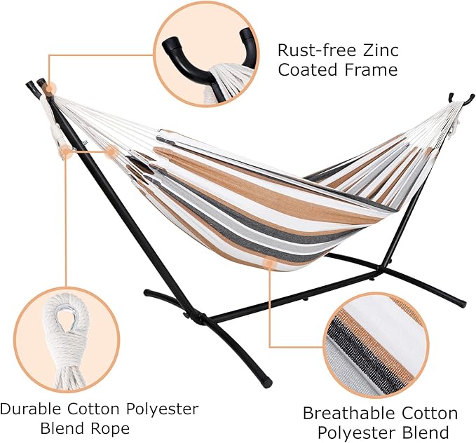 ZENY Double Hammock and Stand for 2 Person Heavy Duty Hammock Stand Brazilian-Style Cotton Hammock 440LB Capacity Desert Stripe