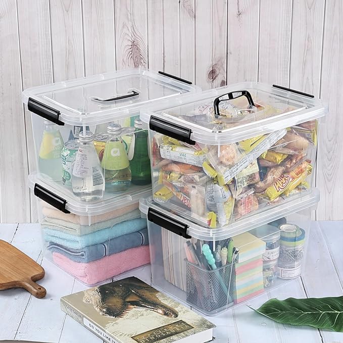 4-Pack 10 L Plastic Latching Storage Bin Clear Storage Box Bin with Handle