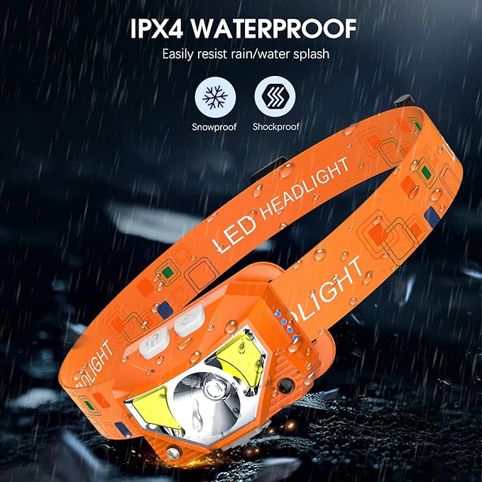 LHKNL Headlamp Flashlight Lumen Ultra-Light Bright LED Rechargeable Headlight with White Red Light2-Pack Waterproof Motion Sensor Head Lamp8 Mode for Outdoor Camping Running Fishing- Orange