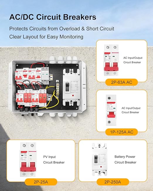 PV Combiner Box 2 String Solar Distribution Box IP65 Waterproof with 25A 250A DC Circuit Breakers 63A 125A AC Breakers Outdoor Power Distribution Box for 8KW–10KW Inverter Systems