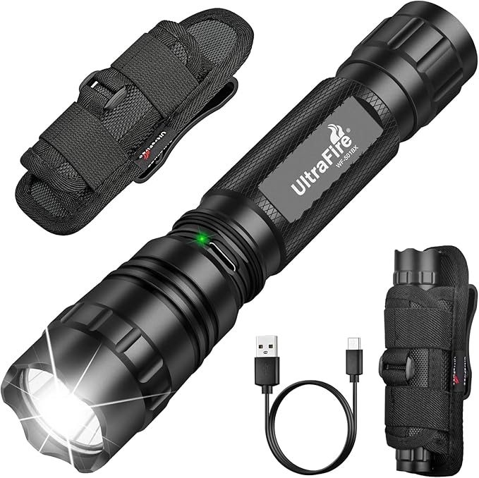 ULTRAFIRE Tactical Flashlight with Holster for Duty Belt 1000 High Lumen Police Flashlight with Belt Holster Rechargeable Law Enforcement Flashlight 3 Modes Security Flashlights WF-501BX