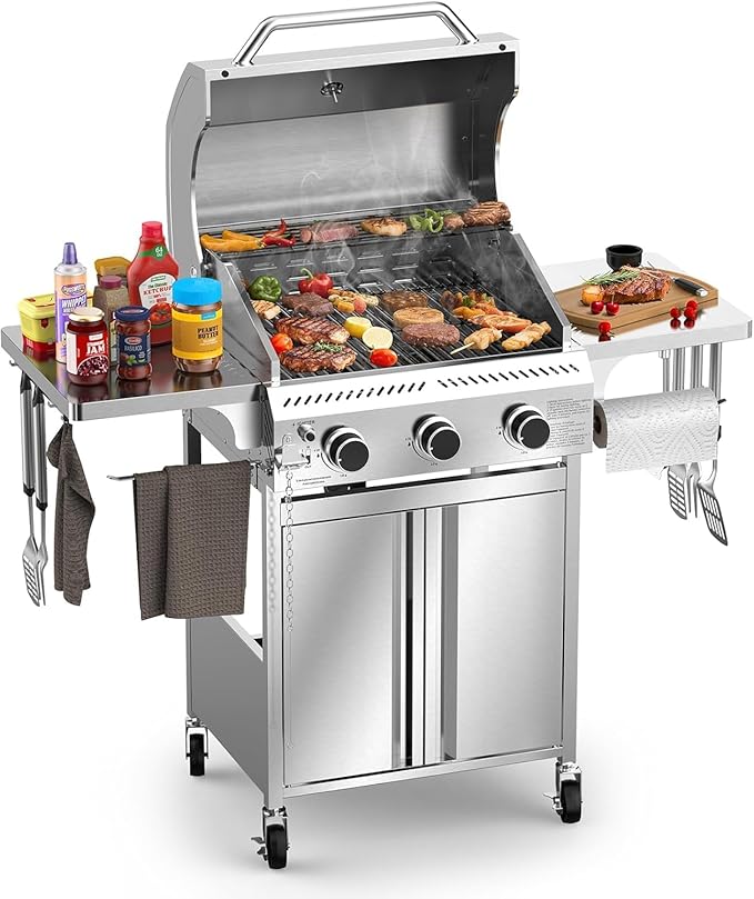 Electactic Propane Gas Grill 3-Burner 24000 BTU Stainless Steel BBQ Grill with Foldable Shelf for Outdoor Barbecue and Cooking