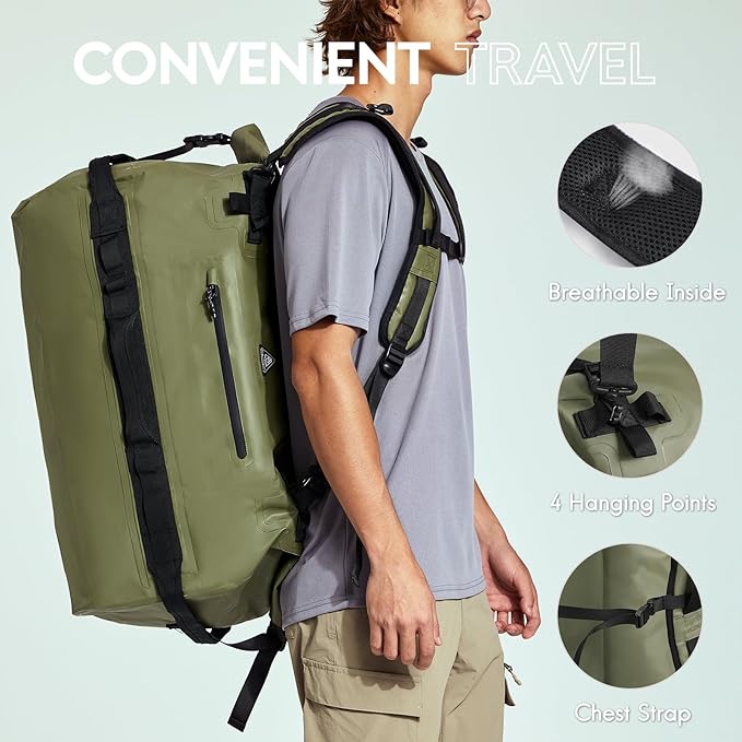 Haimont Large Waterproof Duffel Backpack Roll-Top Heavy Duty Dry Duffle Bag for Boating Travel Motorcycle Kayaking Camping 60L