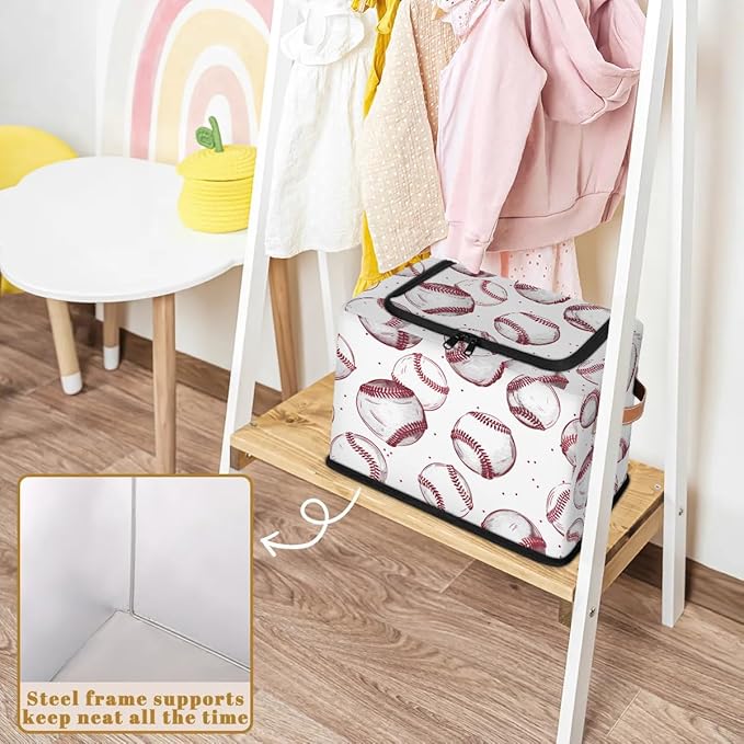 Sport Baseball Storage Bins with Zipper Lid Collapsible Fabric Storage Basket with Leather Handles Closet Shelf Cloth Organizer Basket for Nursery Bedroom Clothes Toy