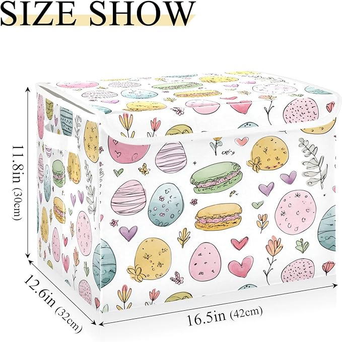 Storage Bins With Lid Stackable Fabric Closet Organizer Clothing Storage Large Boxes For Closet Shelves Bedroom White Decorative Easter Eggs Hearts and Flowers