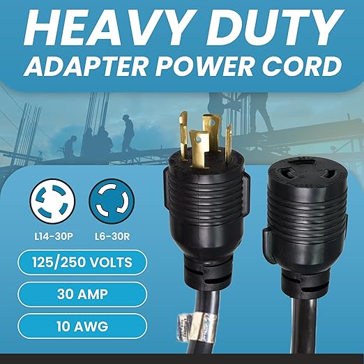 IronBox Electric NEMA L14-30P to L6-30R Plug Adapter Power Cord - 30A 10 AWG 125/250V - Heavy Duty UL Listed Power Cable for Generator Outdoor Data Centers Camper &amp More (1 ft Molded)