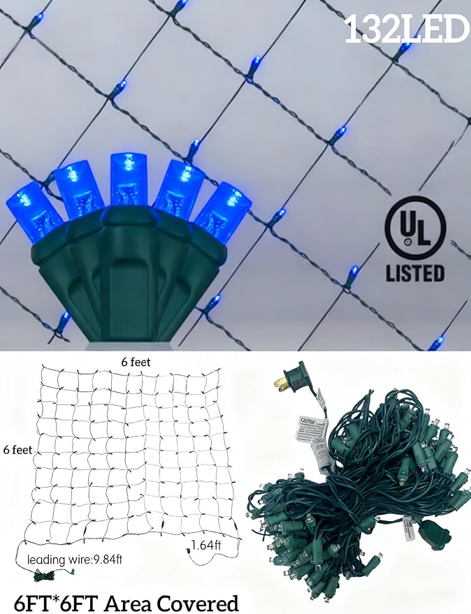 Led Christmas Net Lights for Bushes 132LED 6FT x 6FT Connectable UL Certified Net Lights for Bushes Tree Shrubs Xmas Trunk Green Wire Christmas Decorations