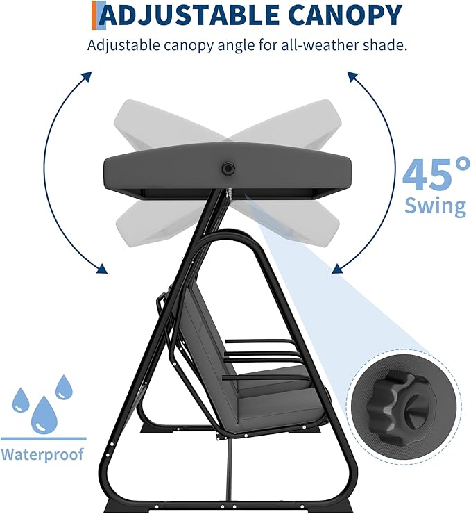 2-Person Patio Swing Chair with Adjustable Canopy - Heavy Duty Outdoor Swing Glider with Removable Cushions for Porch Garden Poolside &amp Backyard Relaxation Dark Grey