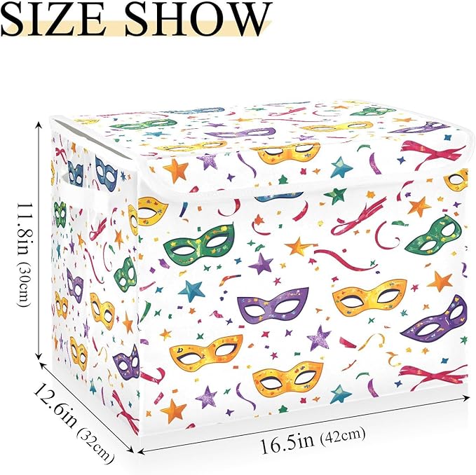 Doodle Mardi Gras Mask Pattern Foldable Storage Baskets Fabric Boxes with Handle Organizers with Flip-Top Lids Storage Bins for Home Bedroom Office