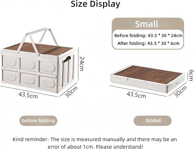 Outdoor Collapsible Storage Box with Handles and Wooden Lid Portable Large Capacity Stackable Crates Outdoor Storage Bin with Table Function Ideal for Car Trunk RV Trip Picnic (Black Small)