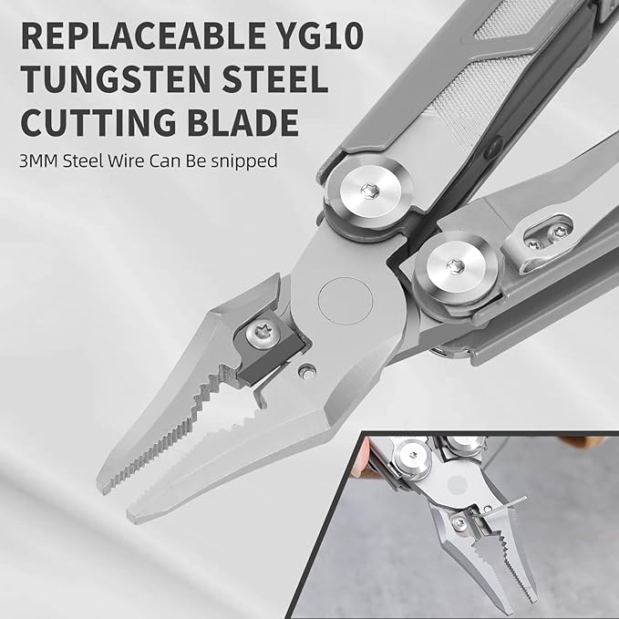 HANSHI 15 in 1 Multitool Pliers with Scissors Upgraded Heavy Duty Stainless Steel Multi Tool with YG10 Tungsten Steel Replaceable Wire Cutters for Survival Camping HikingRepair and Gift (Silver)