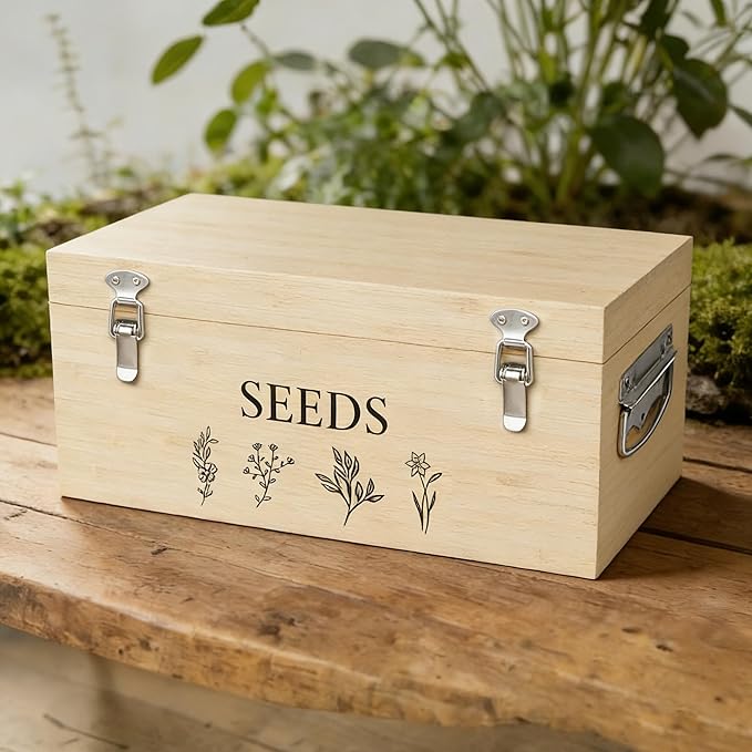 Bamboo Seed Storage Organizer Large Garden Seed Organizer with Lid &amp Safety Lock &amp Handles Seed Box Storage Organizer Includes Seed Envelopes and Labels etc Great Gifts Gardening Kit (Wood)