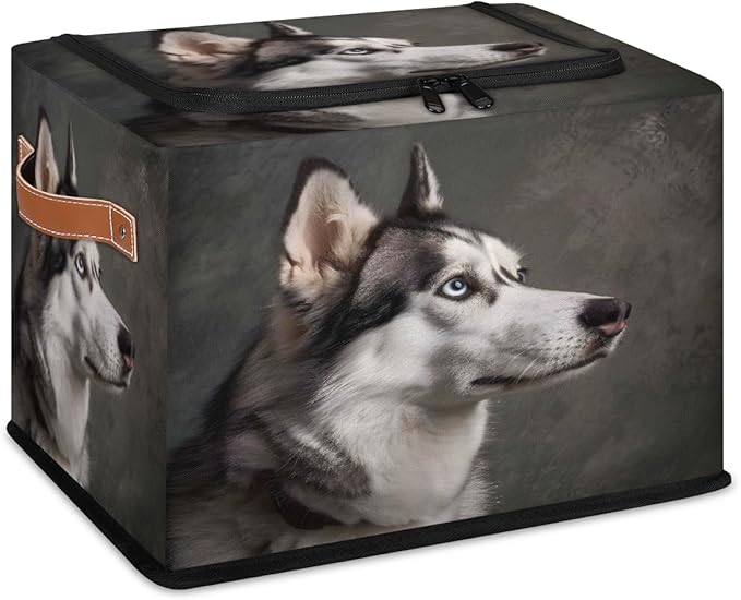 Husky Dog Storage Box with Lid Cute Pet Dog Collapsible Storage Bins Baskets Cubes Closet Shelf Clothes Organizer Containers with PU Leather Handles