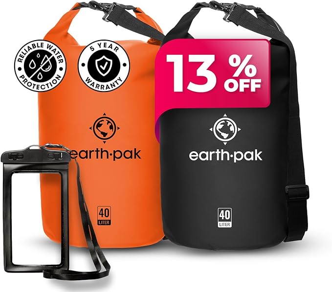 Earth Pak Waterproof Dry Bag - Roll Top Waterproof Backpack Sack (Orange 40L &amp Black 40L)