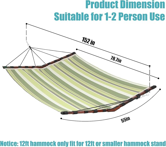 TegerDeger 12FT 2 Person Hammock Large Hammock Quick Dry 450LB Capacity with V Shaped Hardwood Spreader Bar &amp Nylon Rope for Outside Patio Garden Backyard Beach Poolside - Tender Green Stripe
