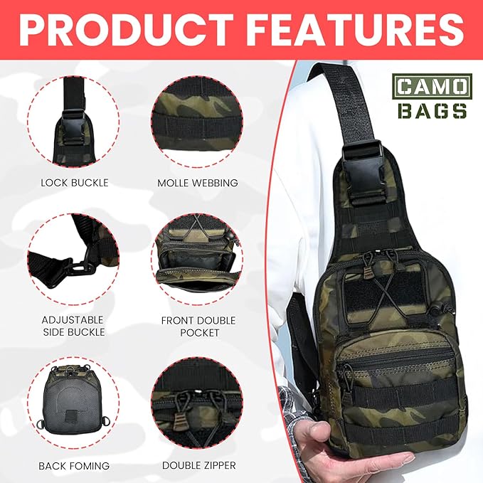 Camo Tactical Sling Bag/Backpack - 1000 Denier Cordura Polyester Crossbody Bag with Comfortable Satchel Inner Pockets Outer Compartment Zip Closure &amp Padded Handle - Chest Bag Use for Multipurp