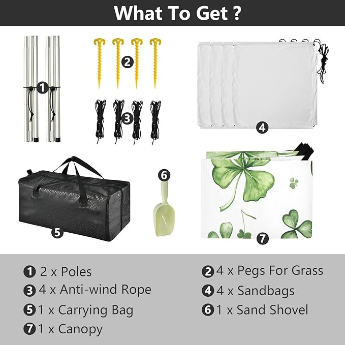 xigua St. Patrick's Day Clover Beach Tent Sun Shelter with Carrying Bag - Silver Coated Oxford Fabric Beach Canopy for Beach Camping Fishing - Includes Windproof Ropes Sandbags &amp Stakes