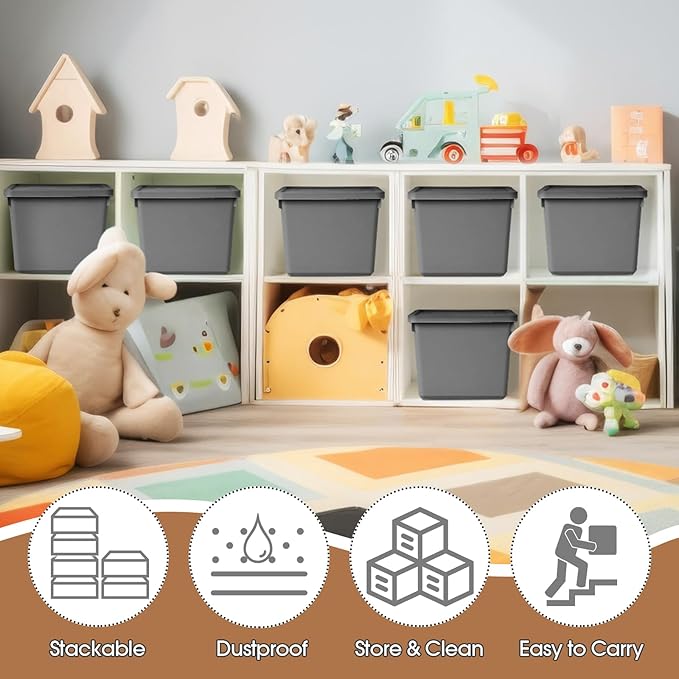 Potchen 6 Pcs Pack Cute Plastic Storage Bins with Lids Decorative Stackable Storage Boxes 9.8 ×7.3 ×5.7 Small Storing Totes for Organizing Craft Office Supplies (Grey)