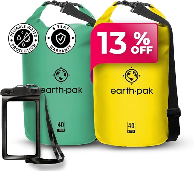 Earth Pak Waterproof Dry Bag - Roll Top Waterproof Backpack Sack (Seafoam Green 40L &amp Yellow 40L)