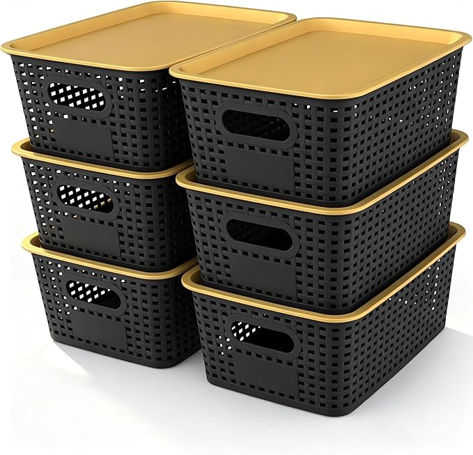 AREYZIN Plastic Storage Bins with LidStackable Storage Bins and Storage Baskets for ShelvesSmall Baskets for Organizing Small Storage Bins10.2x7.2x4.1 Inch6-Pack Black