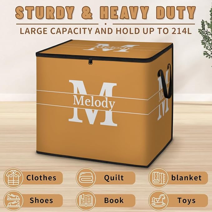 Custom Name Large Storage Bin with Lid Personalized Storage Basket with Zippers for Organizing Comforters Blankets Bedding Closet Shelf Baskets Orange with Initial Letter