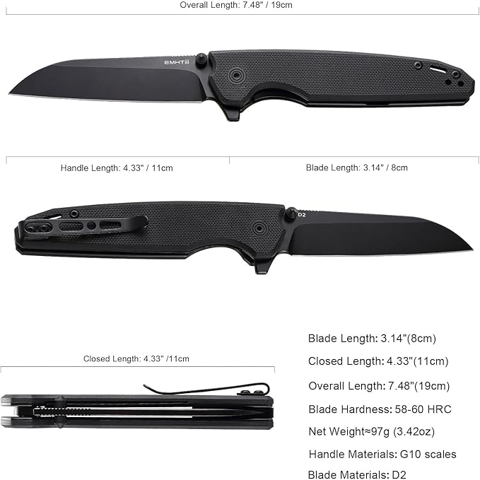 D2 Steel Folding Pocket Knife with Reversible Clip: 3.14 Black Sheepsfoot Blade Liner Lock G10 Handle Small EDC Flipper Knives Camping Tool for Man &amp Women